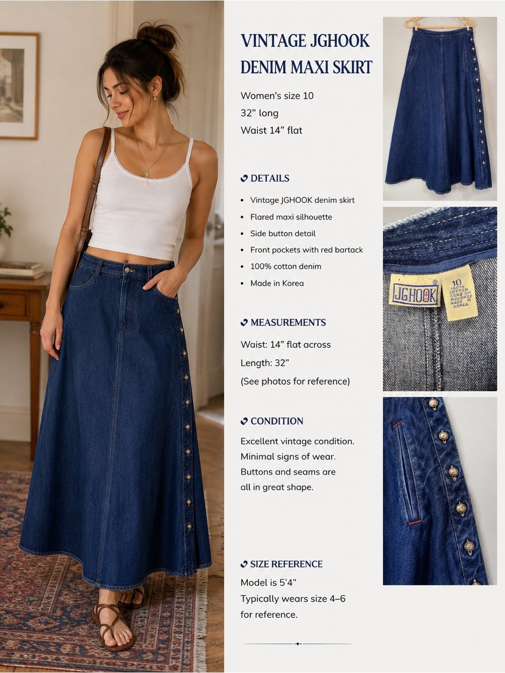 JGHOOk Vintage Dark Blue Denim Maxi Skirt fits like size medium